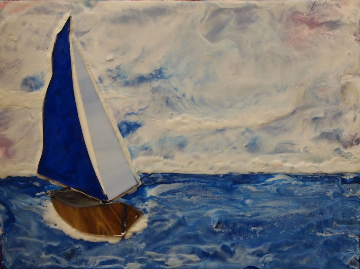 Encaustic stained glass blue sail boat