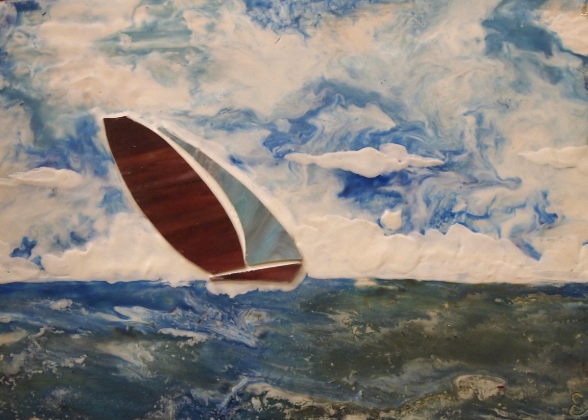 Encaustic stained glass red sail boat